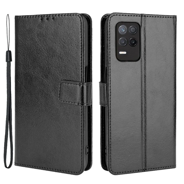 Crazy Horse Skin with Wallet Stand Leather Shell with Strap for Realme 8 5G/V13 5G/Narzo 30 5G - Black