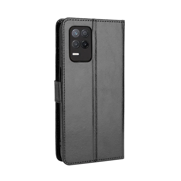 Crazy Horse Skin with Wallet Stand Leather Shell with Strap for Realme 8 5G/V13 5G/Narzo 30 5G - Black