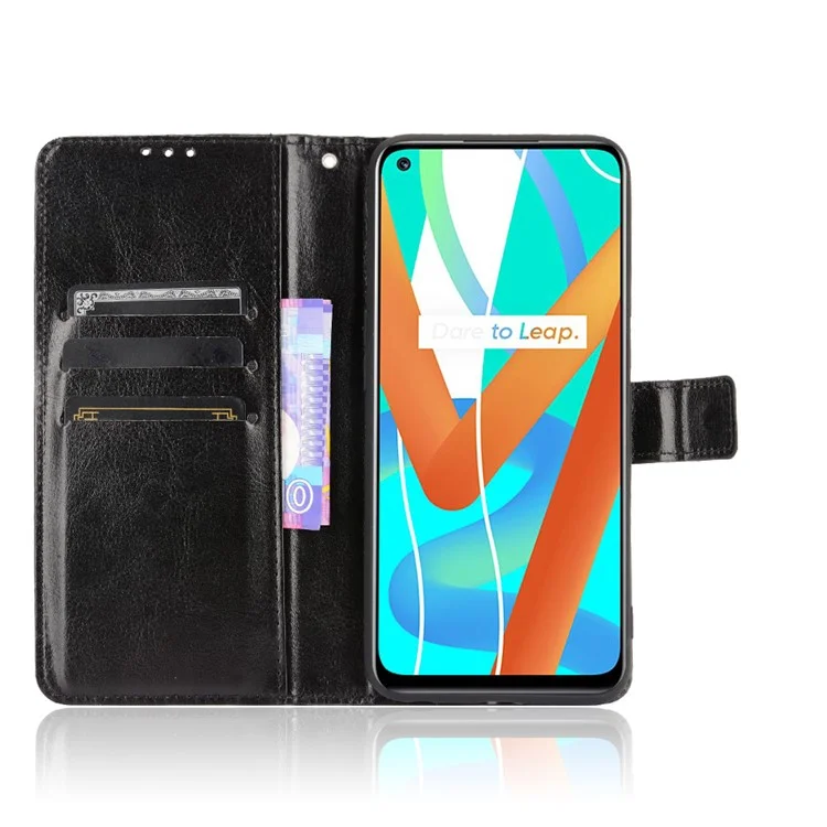 Crazy Horse Skin with Wallet Stand Leather Shell with Strap for Realme 8 5G/V13 5G/Narzo 30 5G - Black