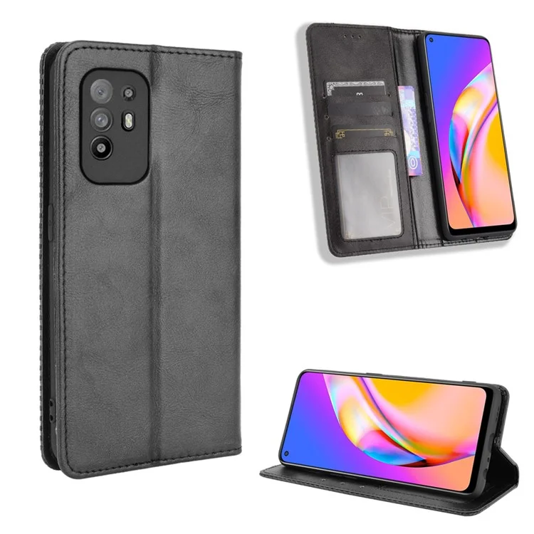 Custodia per telefono con stand magnetico stile vintage per Oppo A94 5G/Reno5 Z/F19 Pro+ 5G - Nero