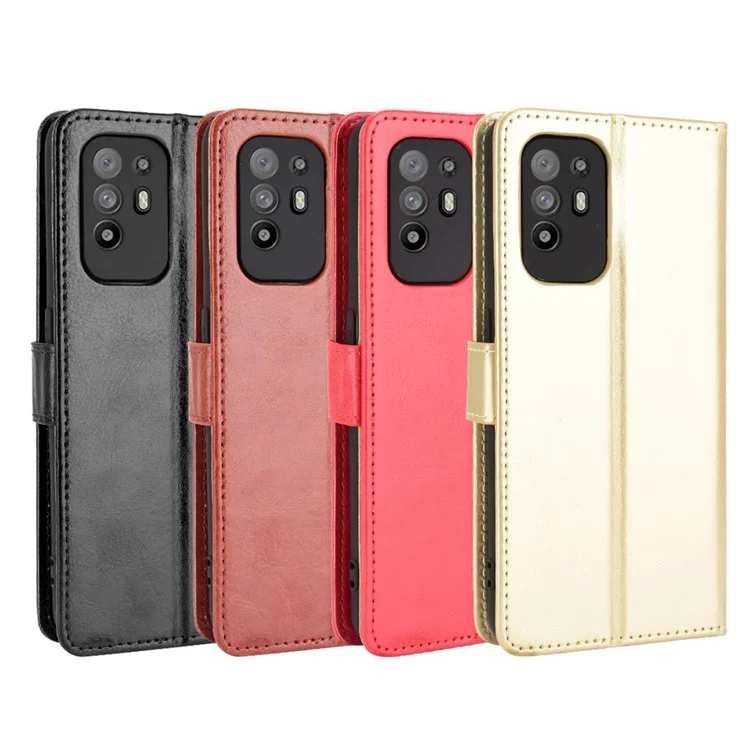 Wallet Stand Design Crazy Horse Skin Leather Shell with Strap for Oppo A94 5G/Reno5 Z/F19 Pro+ 5G - Black