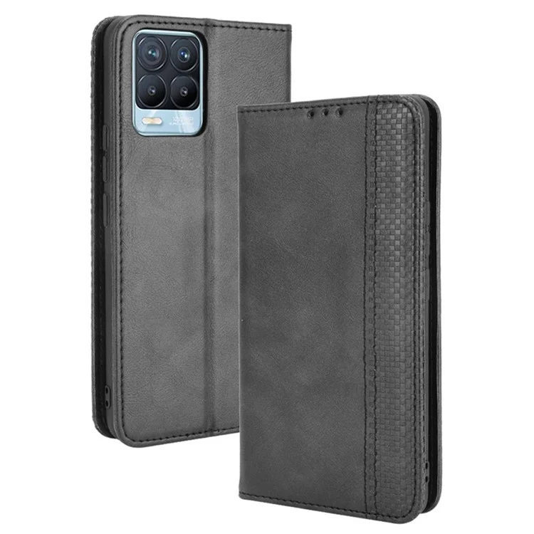 Vintage Style Leather Wallet Phone Case for Realme 8 4G/8 Pro 4G - Black