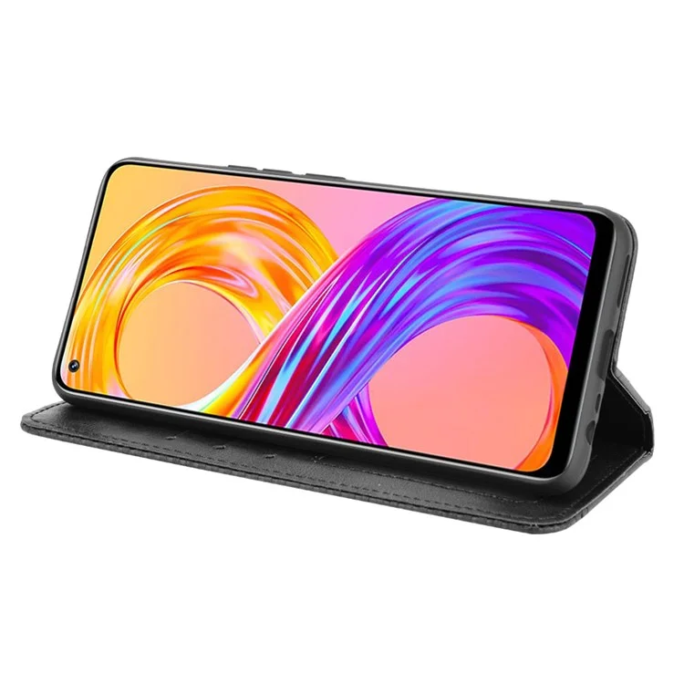 Vintage Style Leather Wallet Phone Case for Realme 8 4G/8 Pro 4G - Black