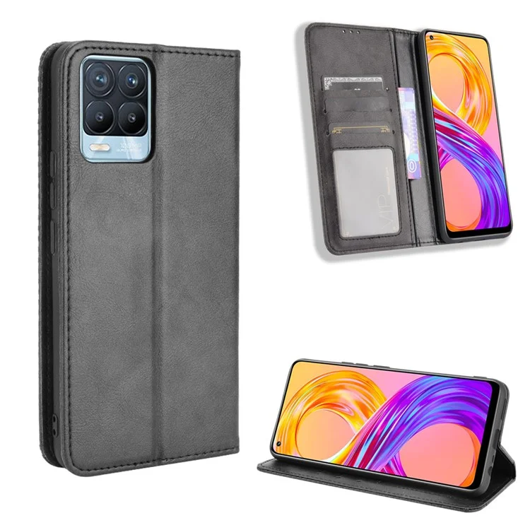 Vintage Style Leather Wallet Phone Case for Realme 8 4G/8 Pro 4G - Black