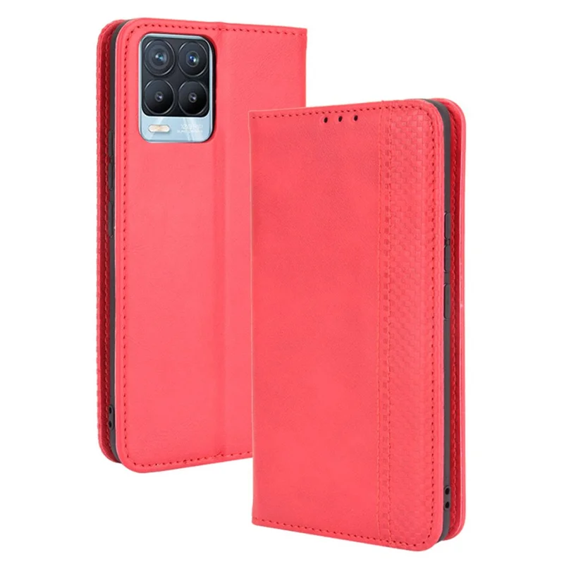 Vintage Style Leather Wallet Phone Case for Realme 8 4G/8 Pro 4G - Red