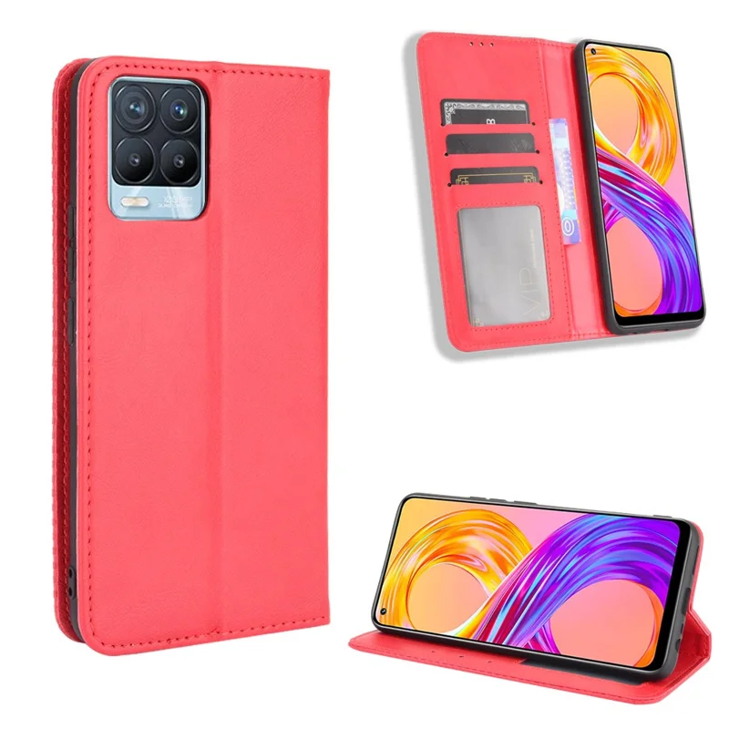 Vintage Style Leather Wallet Phone Case for Realme 8 4G/8 Pro 4G - Red