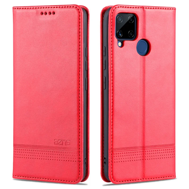 AZNS Stand Wallet Case Auto-absorbed Magnetic Leather Phone Shell for Realme C12/C15/C25/Narzo 30A - Red