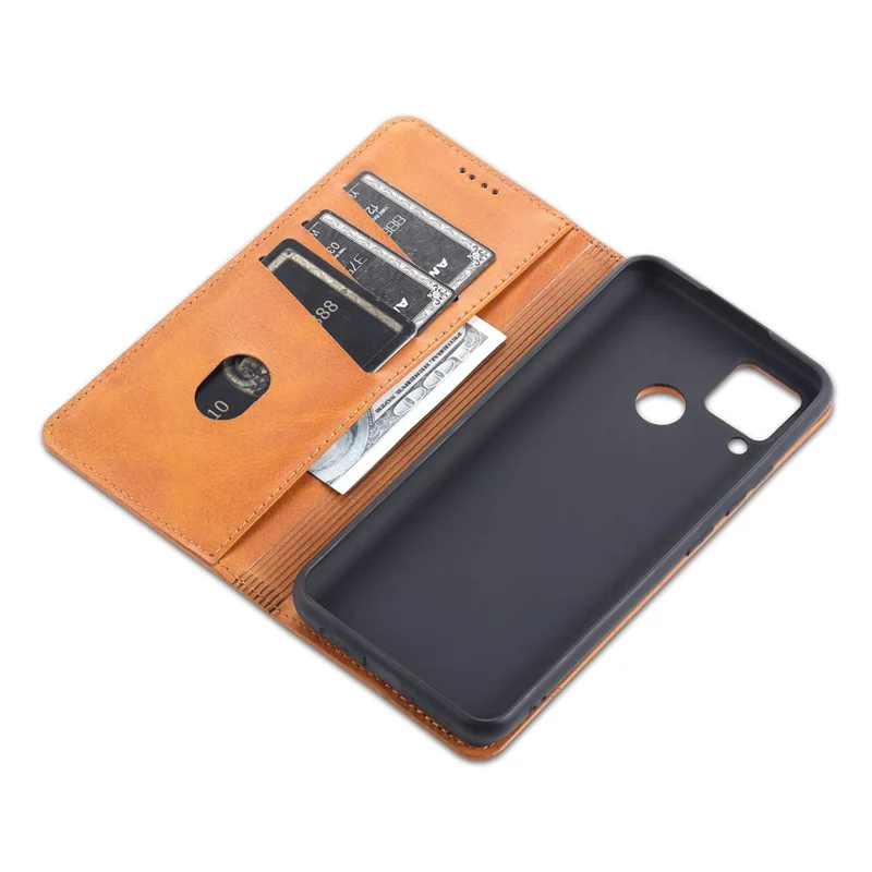 AZNS Stand Wallet Case Auto-absorbed Magnetic Leather Phone Shell for Realme C12/C15/C25/Narzo 30A - Red