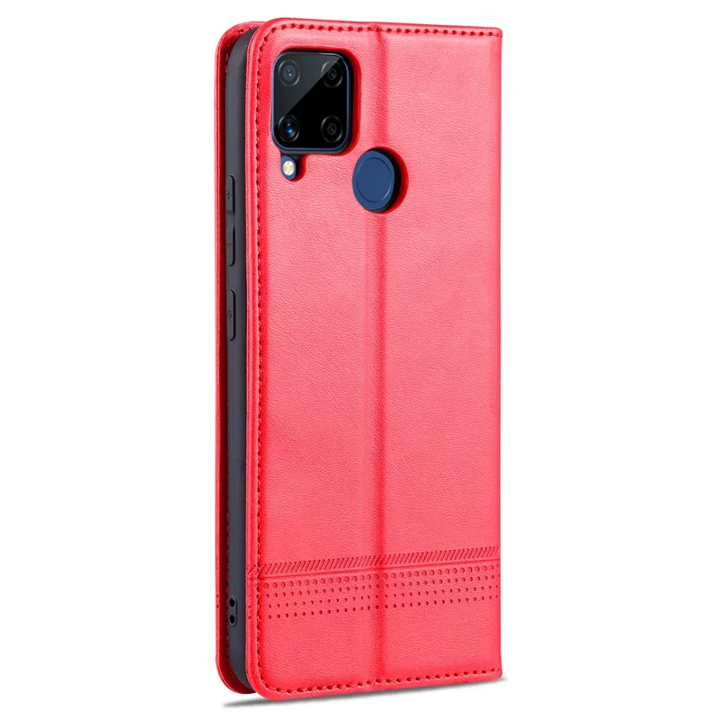 AZNS Stand Wallet Case Auto-absorbed Magnetic Leather Phone Shell for Realme C12/C15/C25/Narzo 30A - Red