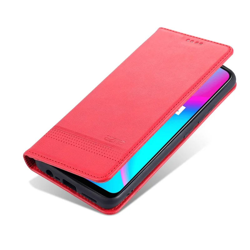 AZNS Stand Wallet Case Auto-absorbed Magnetic Leather Phone Shell for Realme C12/C15/C25/Narzo 30A - Red