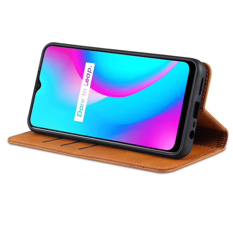 AZNS Stand Wallet Case Auto-absorbed Magnetic Leather Phone Shell for Realme C12/C15/C25/Narzo 30A - Red