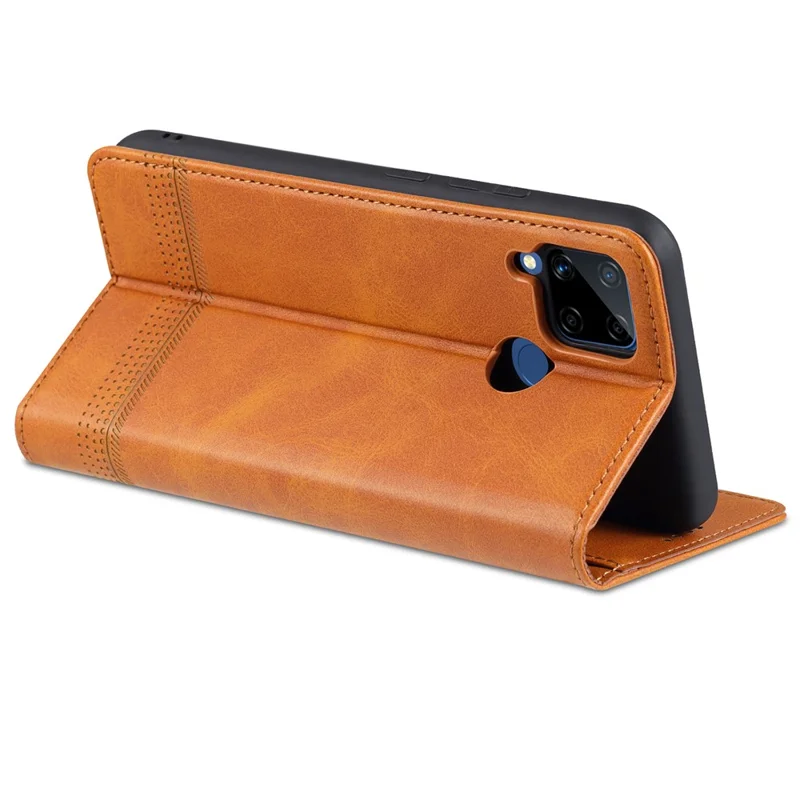 AZNS Stand Wallet Case Auto-absorbed Magnetic Leather Phone Shell for Realme C12/C15/C25/Narzo 30A - Red