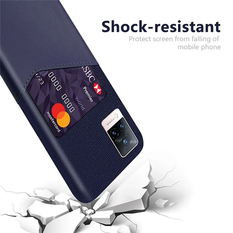 KSQ Card Holder Design Cloth Texture PU Leather Coated Hard PC Back Cover per vivo V21 5G - Blu