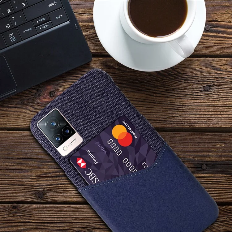 KSQ Card Holder Design Cloth Texture PU Leather Coated Hard PC Back Cover per vivo V21 5G - Blu