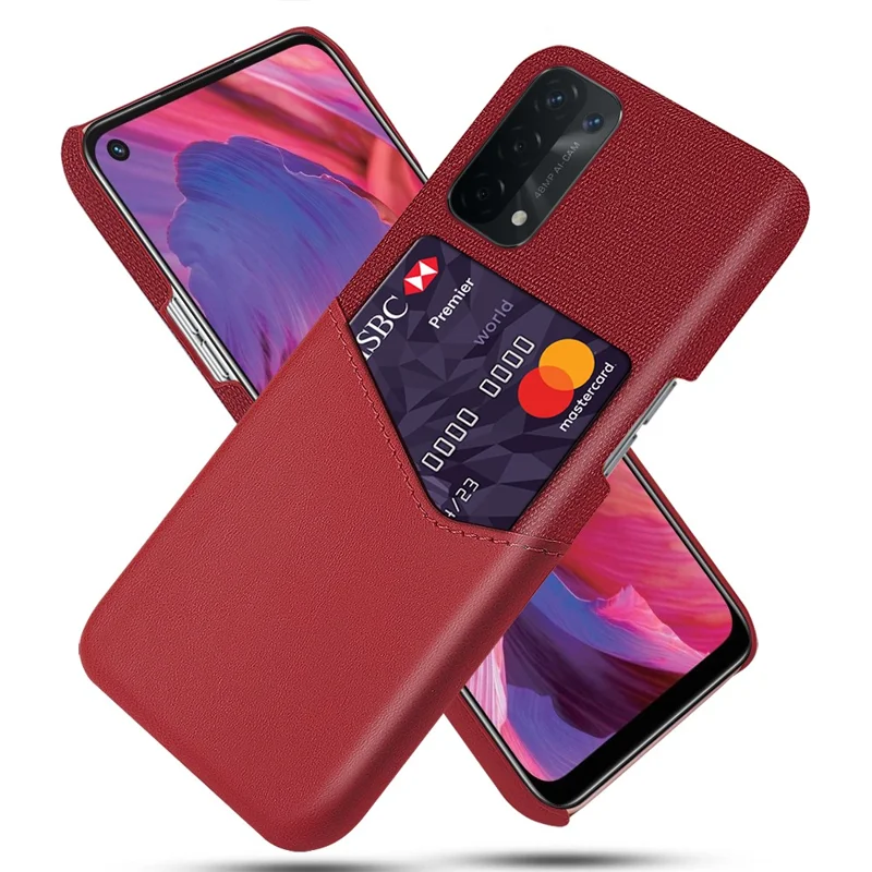 KSQ Cloth Texture Leather Coated Hard PC Back Cover with Card Holder for Oppo A74 5G/A54 5G/A93 5G - Red