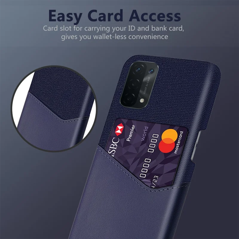 KSQ Cloth Texture Leather Coated Hard PC Back Cover with Card Holder for Oppo A74 5G/A54 5G/A93 5G - Blue