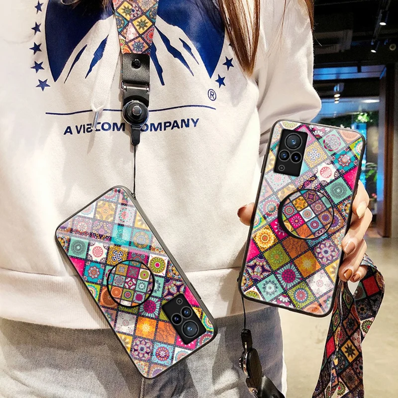 Hybrid Phone Case Colorful Printing Glass + PC + TPU Cover Shell with Kickstand Strap for vivo V21 5G - Checkered Pattern