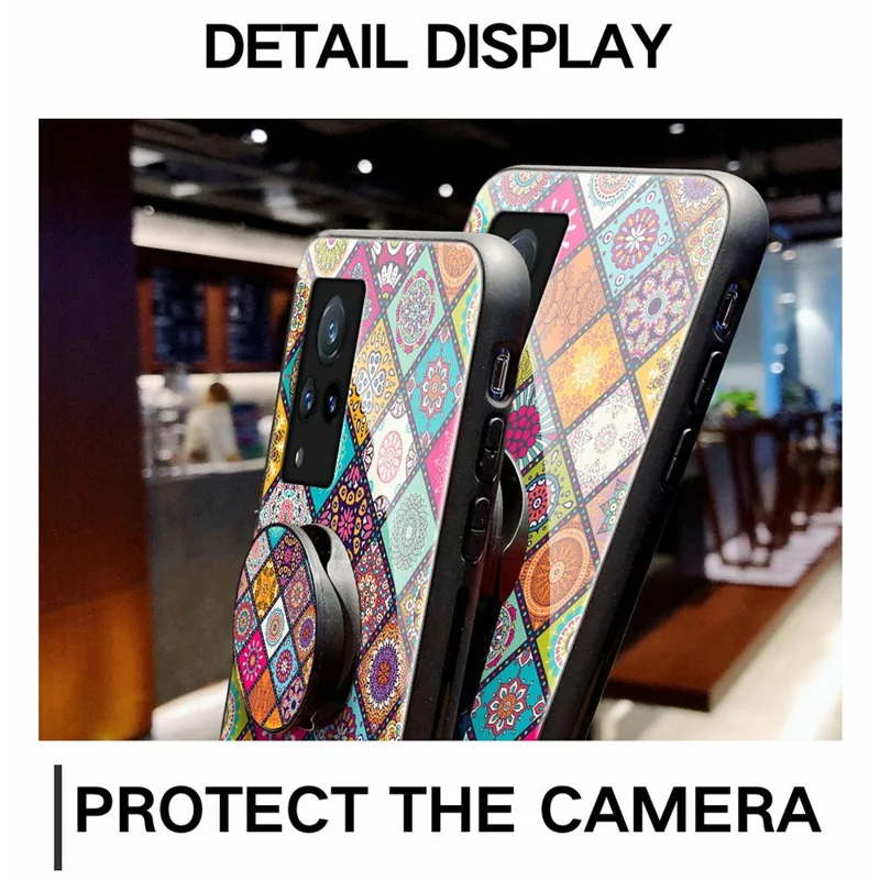 Hybrid Phone Case Colorful Printing Glass + PC + TPU Cover Shell with Kickstand Strap for vivo V21 5G - Checkered Pattern