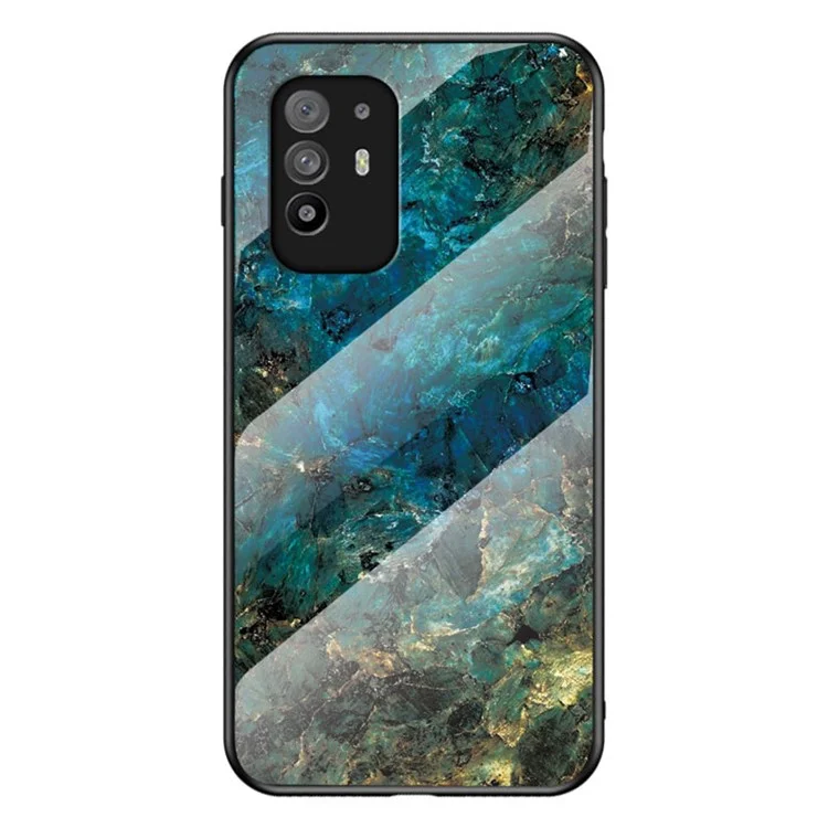 Well-Protected Marbling Pattern Design Anti-Scratch Tempered Glass Cell Phone Cover for Oppo A94 5G/F19 Pro+ 5G/Reno5 Z - Emerald Marble