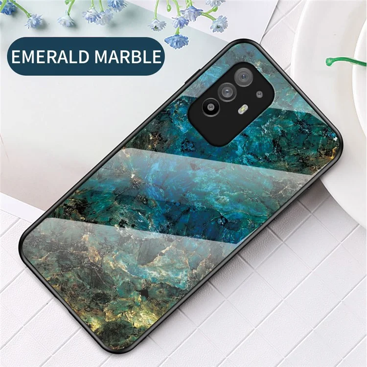Well-Protected Marbling Pattern Design Anti-Scratch Tempered Glass Cell Phone Cover for Oppo A94 5G/F19 Pro+ 5G/Reno5 Z - Emerald Marble