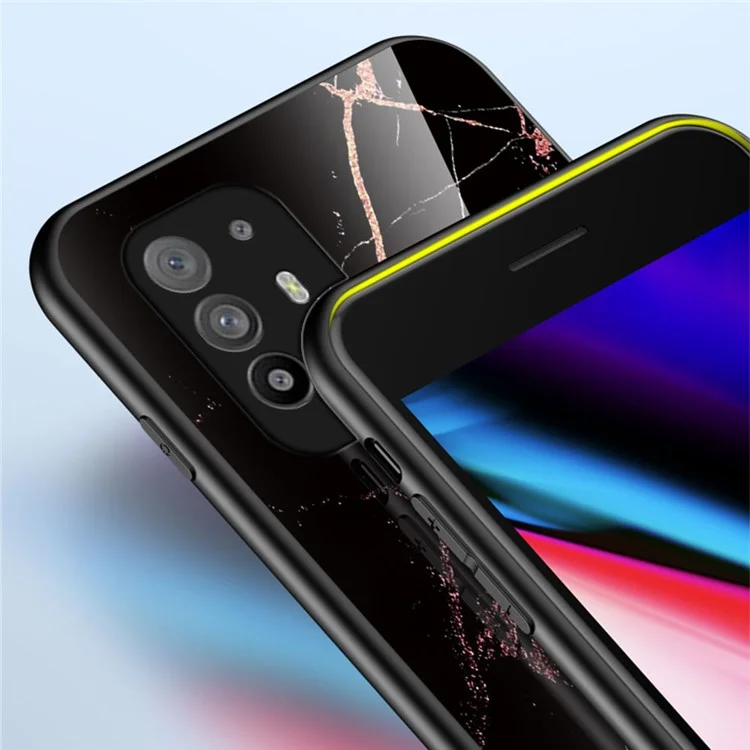Well-Protected Marbling Pattern Design Anti-Scratch Tempered Glass Cell Phone Cover for Oppo A94 5G/F19 Pro+ 5G/Reno5 Z - Emerald Marble