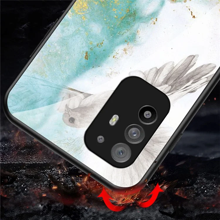 Well-Protected Marbling Pattern Design Anti-Scratch Tempered Glass Cell Phone Cover for Oppo A94 5G/F19 Pro+ 5G/Reno5 Z - Emerald Marble