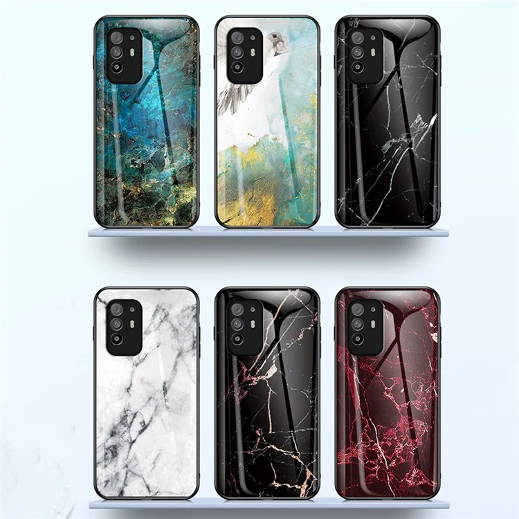 Well-Protected Marbling Pattern Design Anti-Scratch Tempered Glass Cell Phone Cover for Oppo A94 5G/F19 Pro+ 5G/Reno5 Z - Emerald Marble