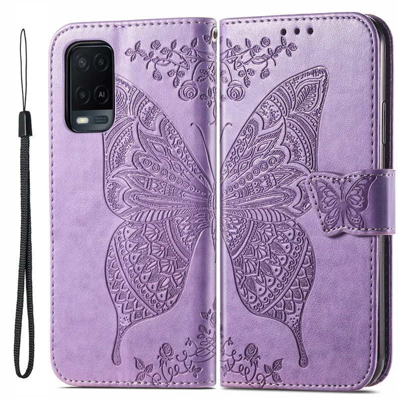 Full Protection Big Butterfly Imprinting Leather Wallet Stand Design Phone Shell for Oppo A54 4G - Light Purple