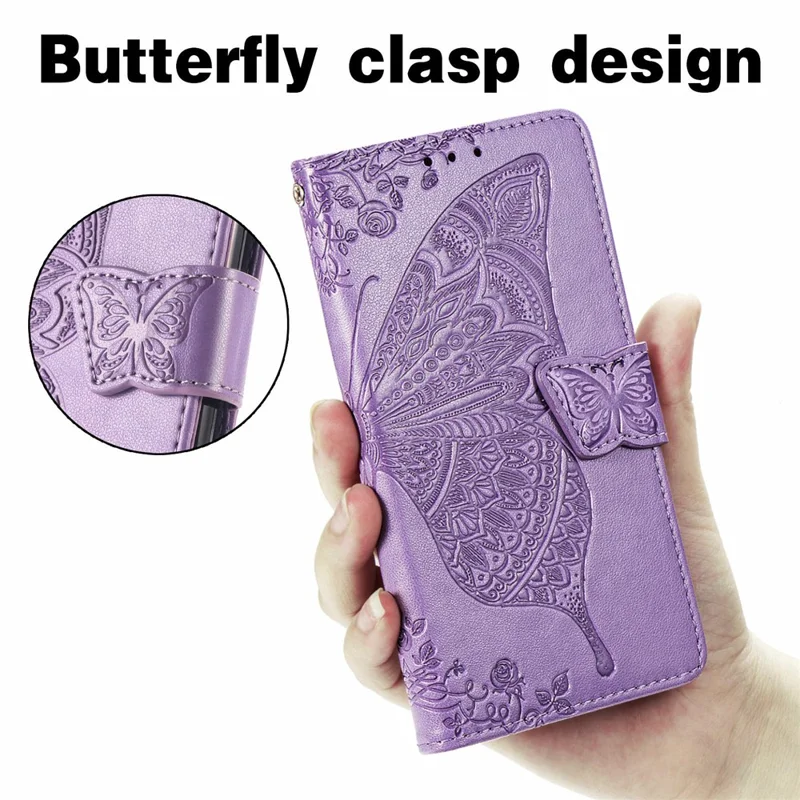 Full Protection Big Butterfly Imprinting Leather Wallet Stand Design Phone Shell for Oppo A54 4G - Light Purple