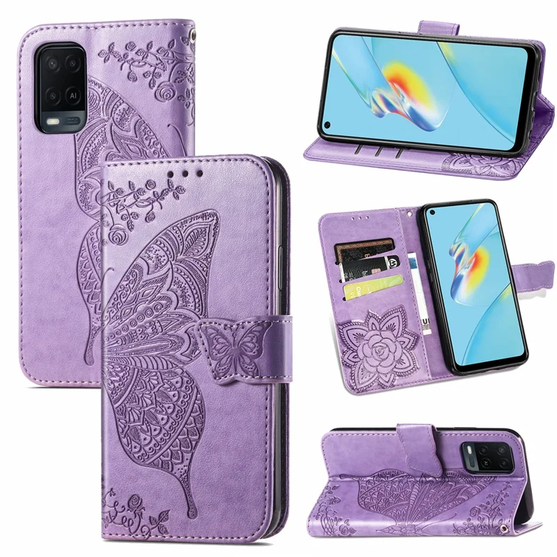 Full Protection Big Butterfly Imprinting Leather Wallet Stand Design Phone Shell for Oppo A54 4G - Light Purple