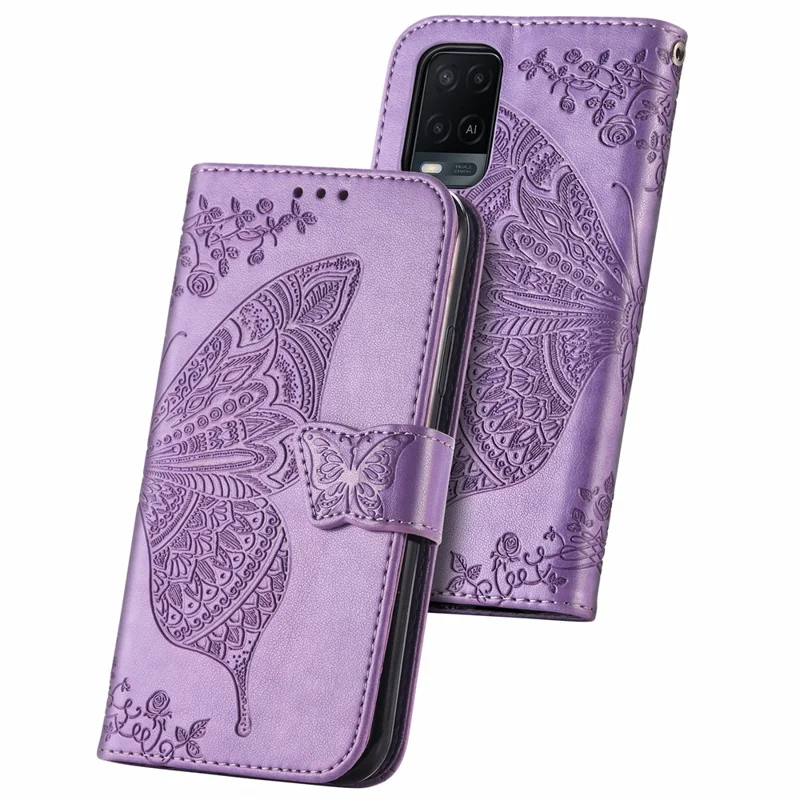 Full Protection Big Butterfly Imprinting Leather Wallet Stand Design Phone Shell for Oppo A54 4G - Light Purple