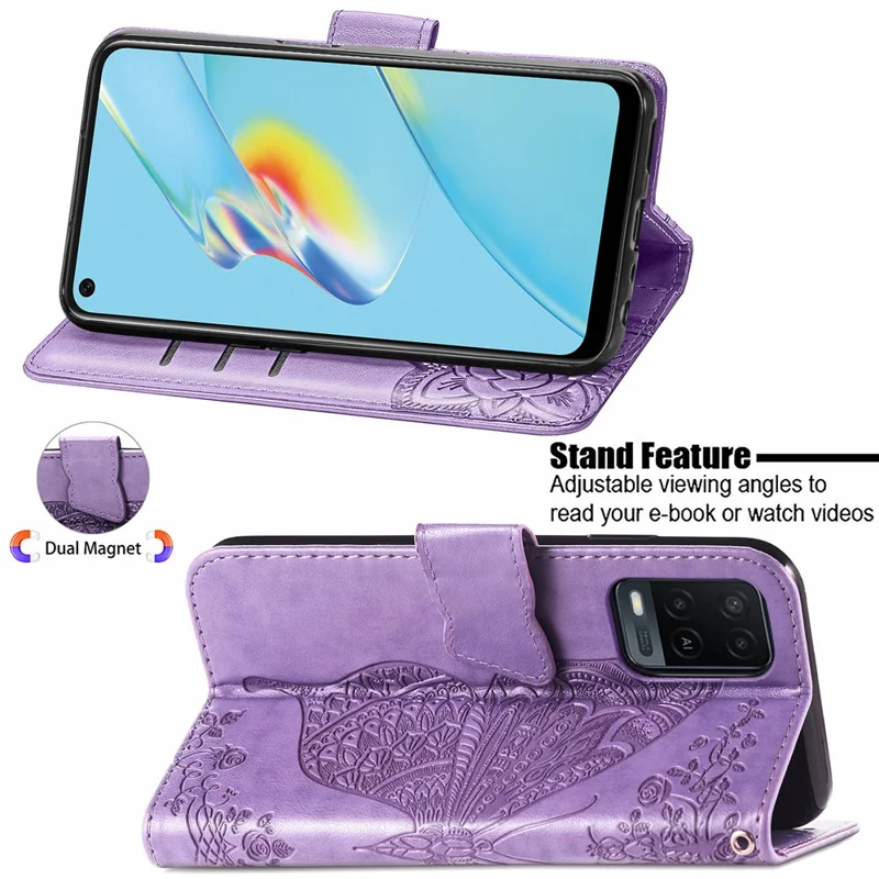 Full Protection Big Butterfly Imprinting Leather Wallet Stand Design Phone Shell for Oppo A54 4G - Light Purple