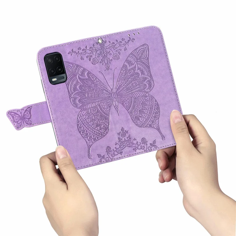 Full Protection Big Butterfly Imprinting Leather Wallet Stand Design Phone Shell for Oppo A54 4G - Light Purple
