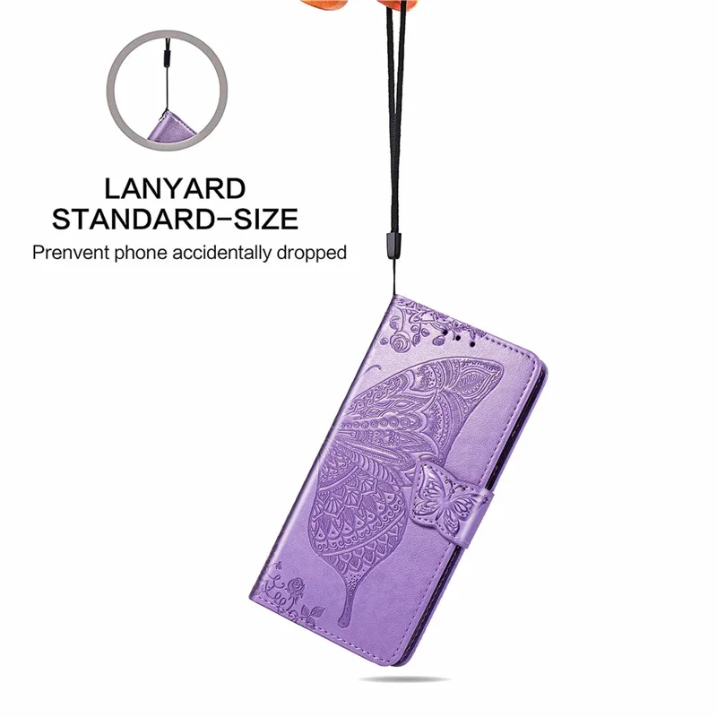 Full Protection Big Butterfly Imprinting Leather Wallet Stand Design Phone Shell for Oppo A54 4G - Light Purple