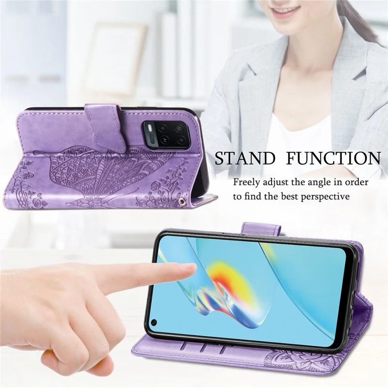 Full Protection Big Butterfly Imprinting Leather Wallet Stand Design Phone Shell for Oppo A54 4G - Light Purple