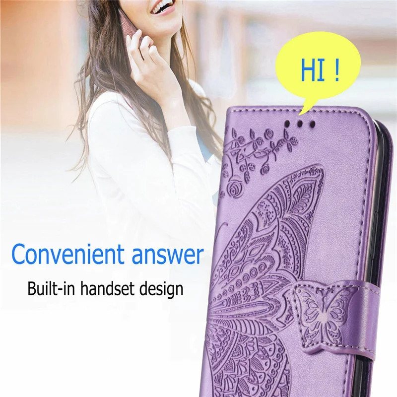Full Protection Big Butterfly Imprinting Leather Wallet Stand Design Phone Shell for Oppo A54 4G - Light Purple