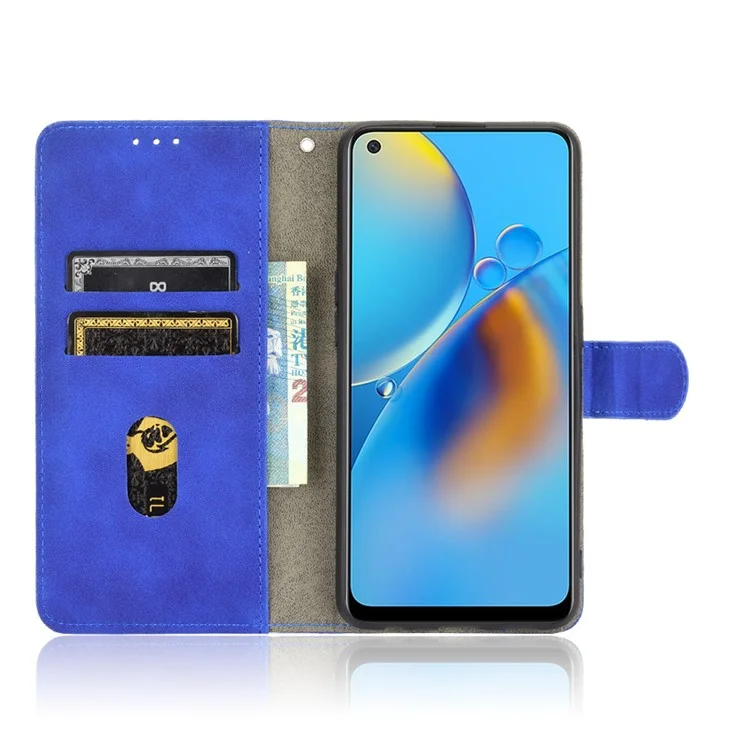 Tocada na Pele Sentir a Carteira de Couro Flip Capa Protetora de Casca de Proteção Para Oppo F19/a74 4g - Azul