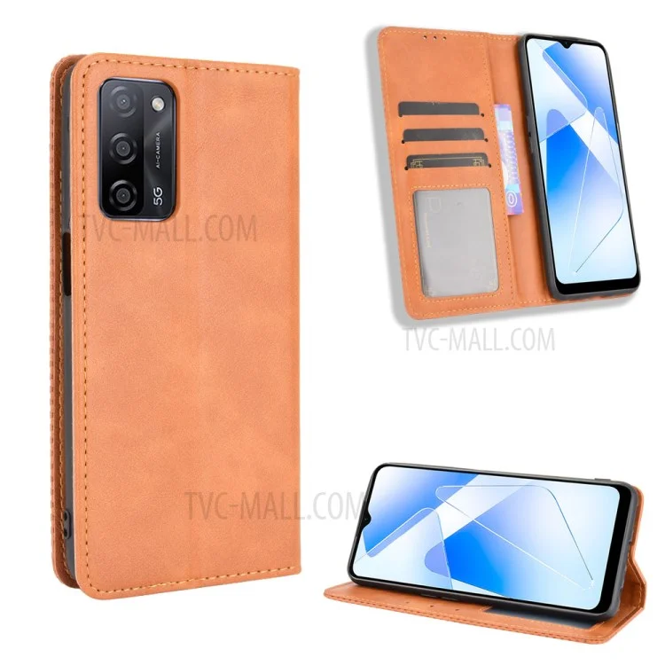 Funda de cartera de piel con cierre magnético de estilo vintage para Oppo A55 5G/A53s 5G - Marrón