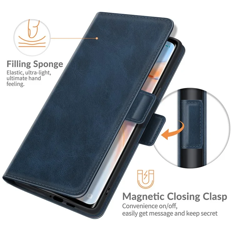 Étui Portefeuille en Cuir à Double Fermeture Magnétique pour OPPO Reno5 Pro Plus 5G/Find X3 Neo - Bleu