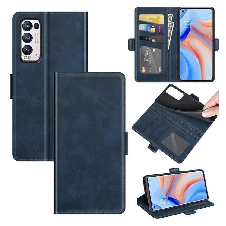 Étui Portefeuille en Cuir à Double Fermeture Magnétique pour OPPO Reno5 Pro Plus 5G/Find X3 Neo - Bleu