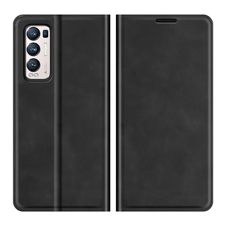 Silky Touch Leather Wallet Stand Case for OPPO Reno5 Pro Plus 5G/Find X3 Neo - Black