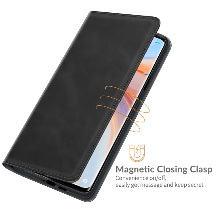Silky Touch Leather Wallet Stand Case for OPPO Reno5 Pro Plus 5G/Find X3 Neo - Black