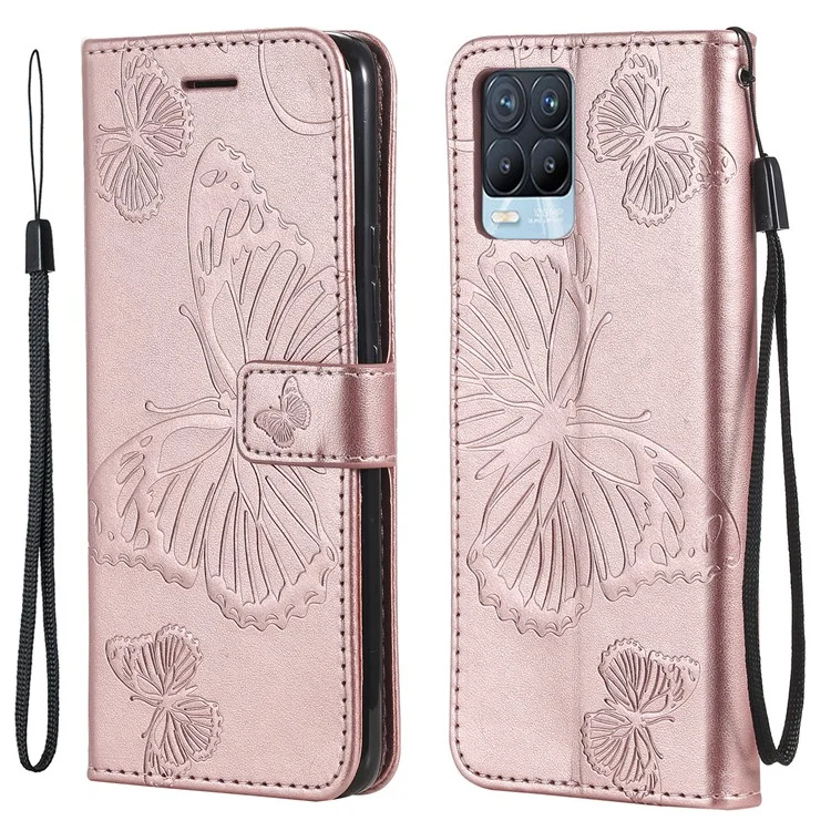 For Realme 8 / Realme 8 Pro 4G Wallet Case Floral Butterfly Imprinted Leather Phone Cover Stand - Rose Gold