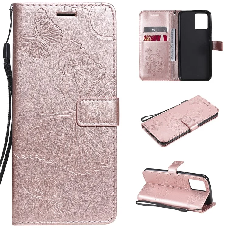 For Realme 8 / Realme 8 Pro 4G Wallet Case Floral Butterfly Imprinted Leather Phone Cover Stand - Rose Gold