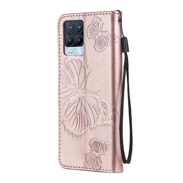 For Realme 8 / Realme 8 Pro 4G Wallet Case Floral Butterfly Imprinted Leather Phone Cover Stand - Rose Gold