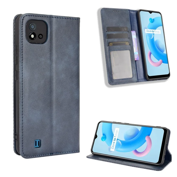 Carteira Magnética Vintage de Absorção Automática, Estojo de Telefone Móvel de Couro para Realme C11 2021/C20/C20A - Azul