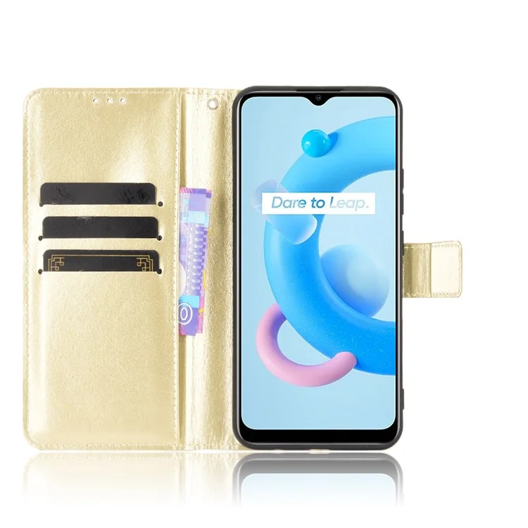 Crazy Horse Texture PU Leather Wallet Stand Phone Case Cover for Realme C11 2021/C20/C20A - Ouro