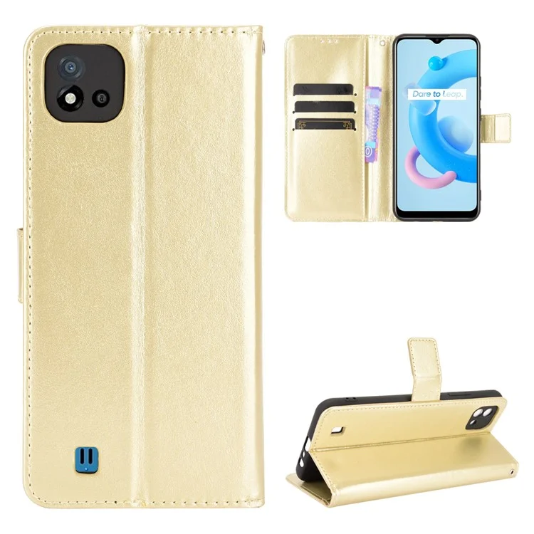 Crazy Horse Texture PU Leather Wallet Stand Phone Case Cover for Realme C11 2021/C20/C20A - Ouro
