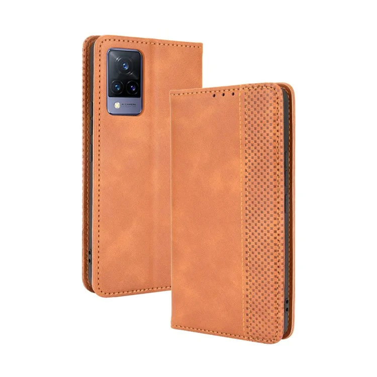 Estilo Vintage Magnético Auto-absorção Auto-Proteção Full-Proteção Carrinho Caso De Couro Do Telefone De Couro Para Vivo V21 4G / 5G - Castanho