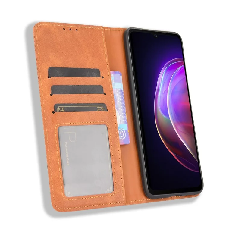 Estilo Vintage Magnético Auto-absorção Auto-Proteção Full-Proteção Carrinho Caso De Couro Do Telefone De Couro Para Vivo V21 4G / 5G - Castanho